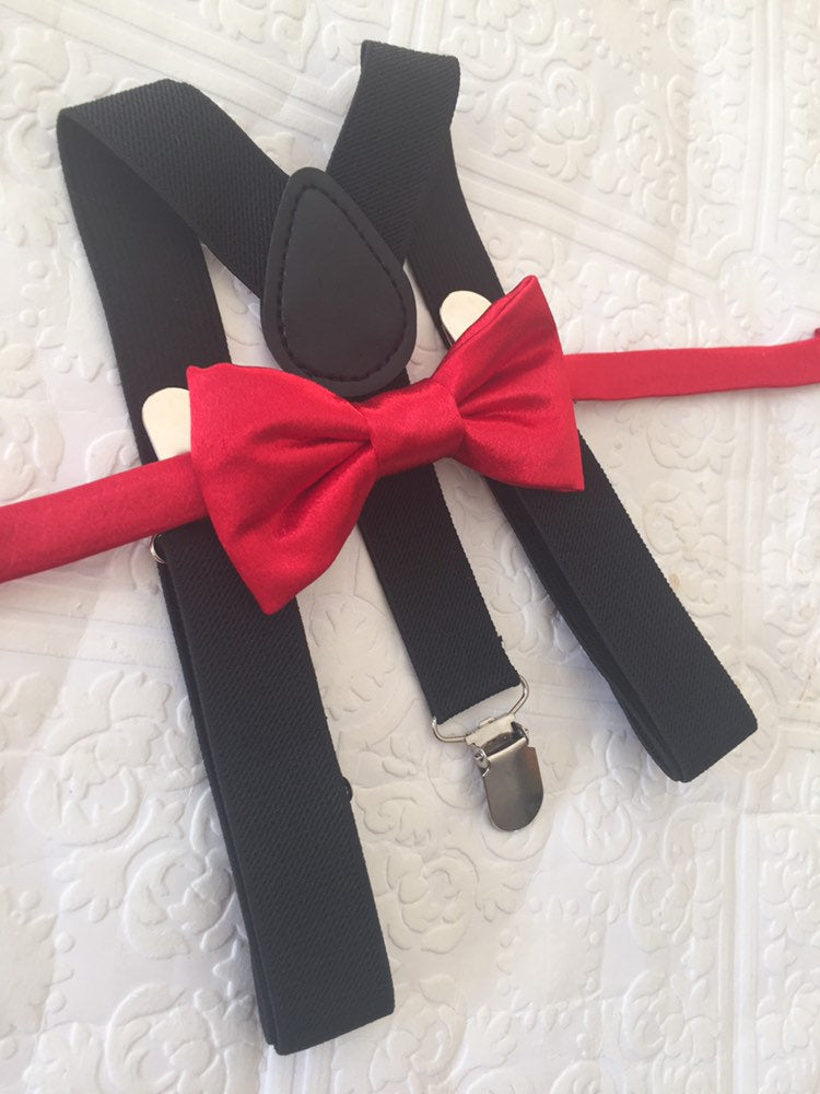 Red bow tie and black suspenders set, Christmas bowtie and suspenders, red satin boy's bow tie, toddler suspenders, kid's suspenders