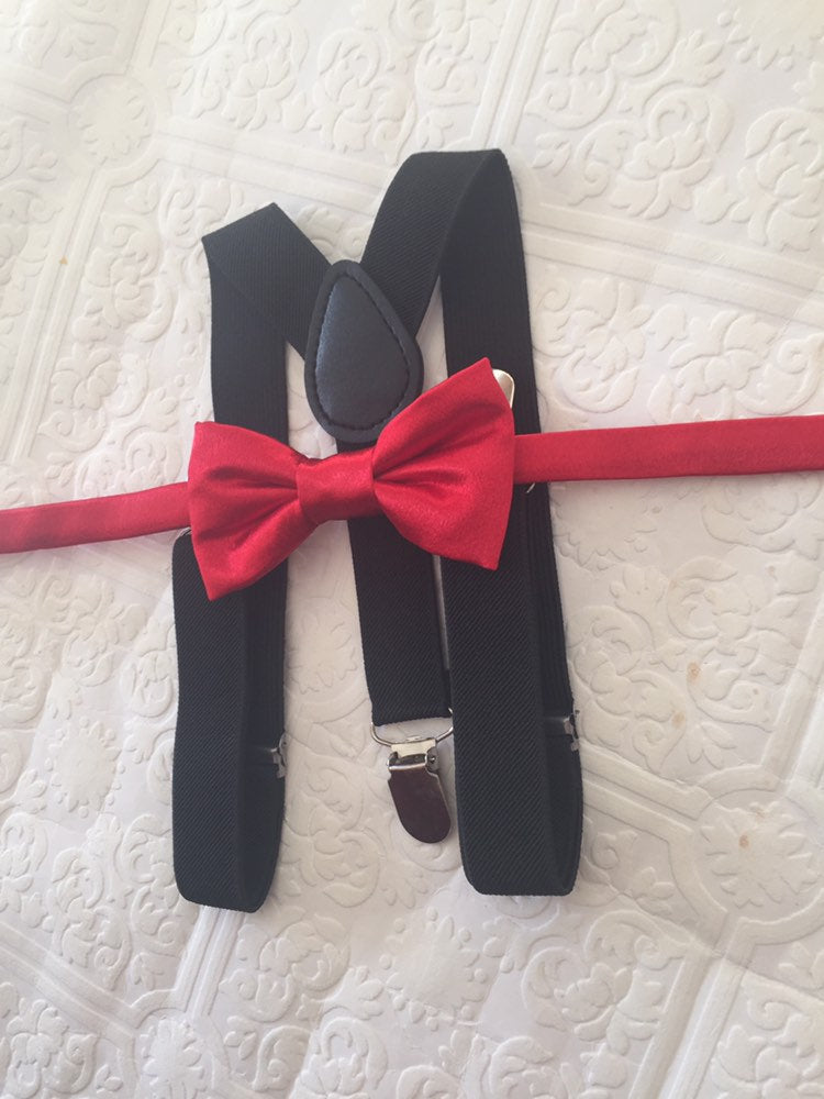 Red bow tie and black suspenders set, Christmas bowtie and suspenders, red satin boy's bow tie, toddler suspenders, kid's suspenders