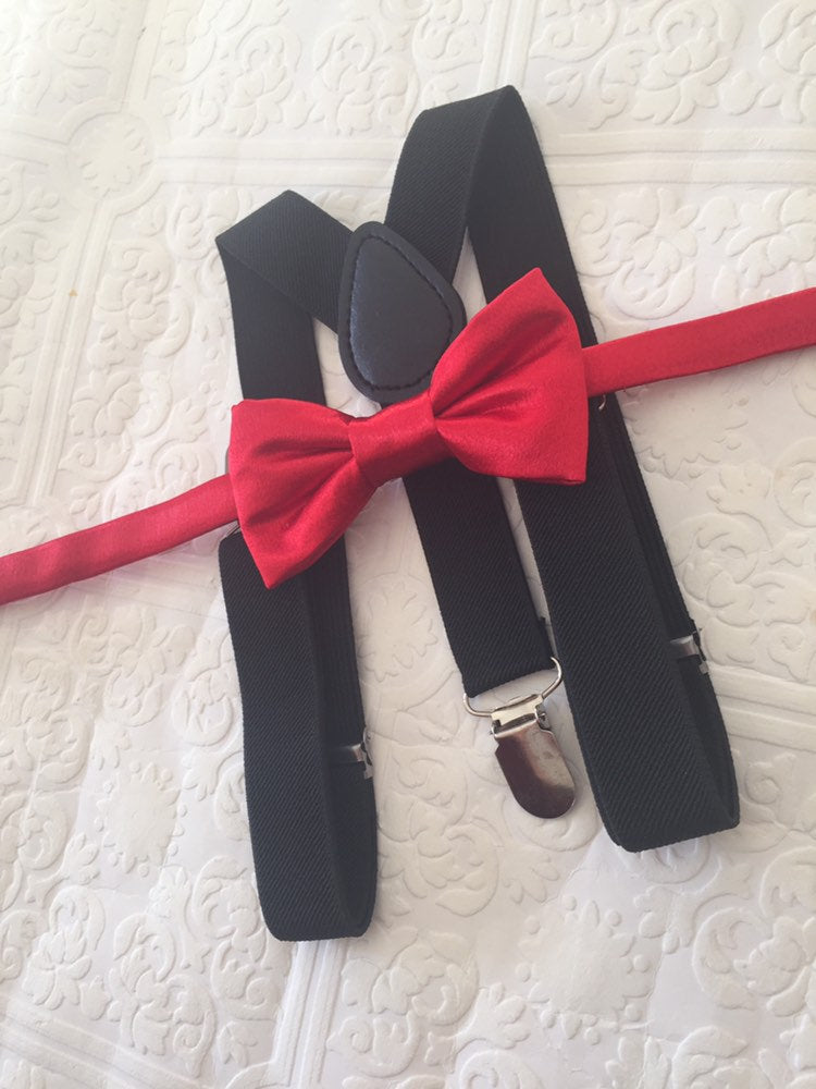 Red bow tie and black suspenders set, Christmas bowtie and suspenders, red satin boy's bow tie, toddler suspenders, kid's suspenders