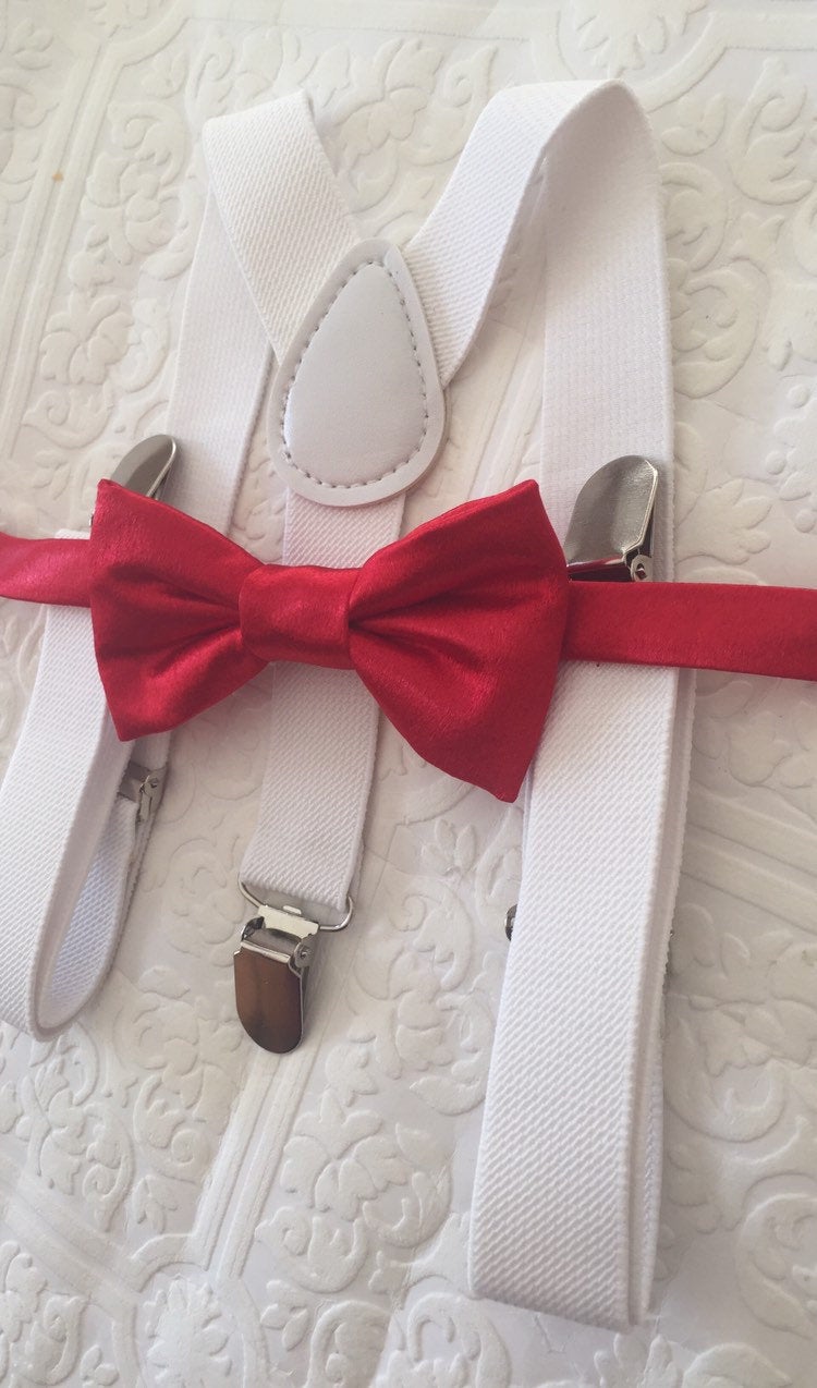 Bow Tie and Suspender Set, white Suspenders, boy Suspenders, baby Suspender Bow Tie, David's Bridal Apple Red suspenders, Apple Red bow tie