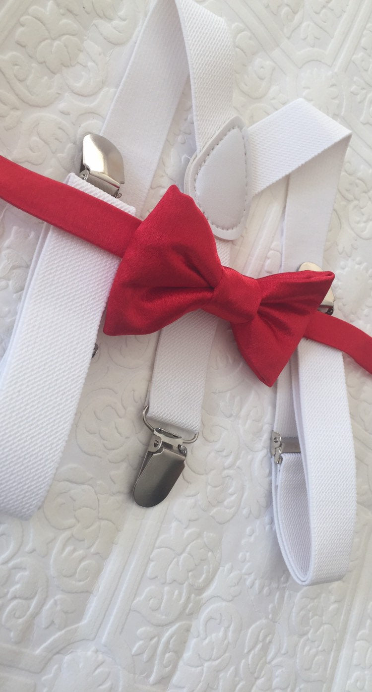 Bow Tie and Suspender Set, white Suspenders, boy Suspenders, baby Suspender Bow Tie, David's Bridal Apple Red suspenders, Apple Red bow tie