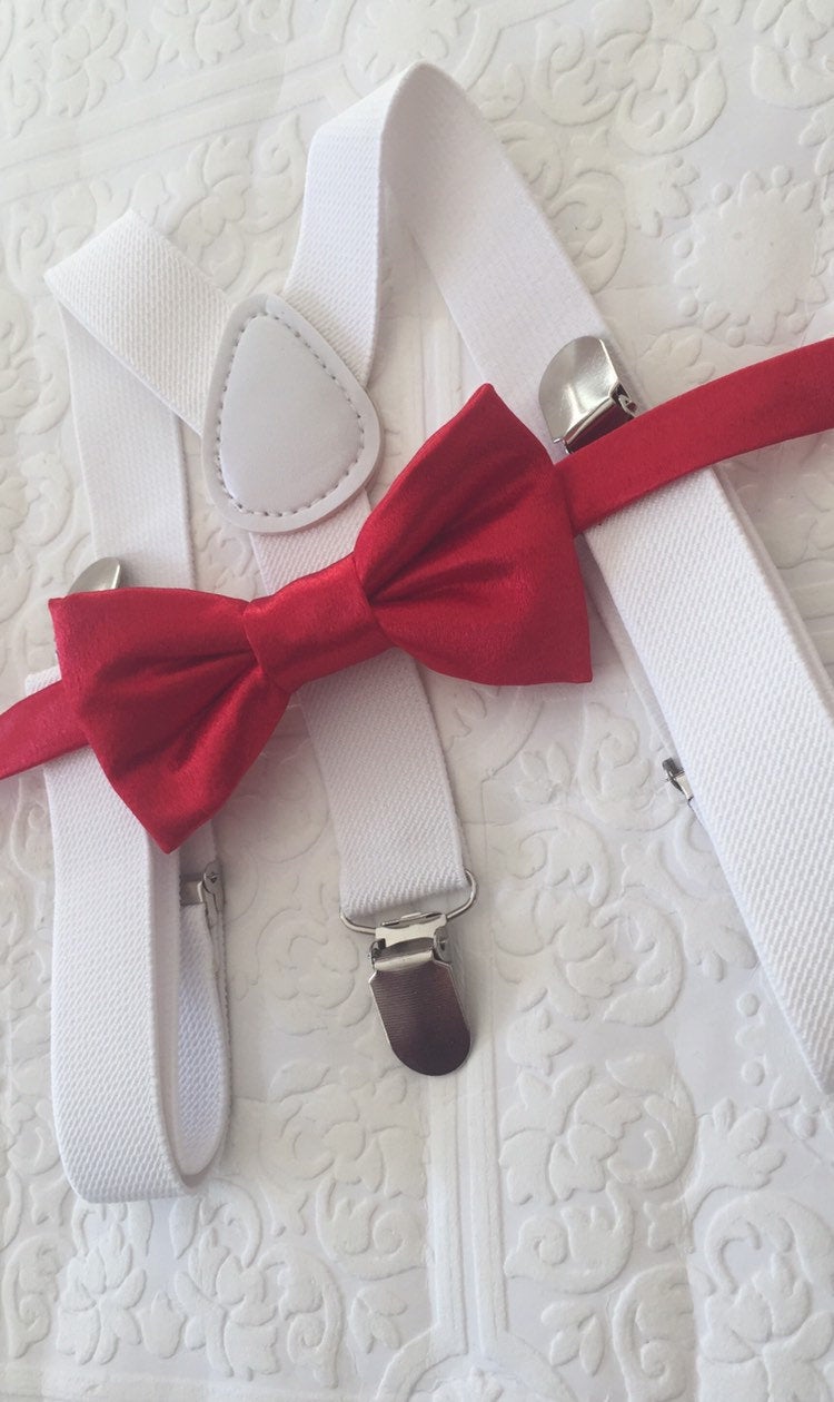 Bow Tie and Suspender Set, white Suspenders, boy Suspenders, baby Suspender Bow Tie, David's Bridal Apple Red suspenders, Apple Red bow tie