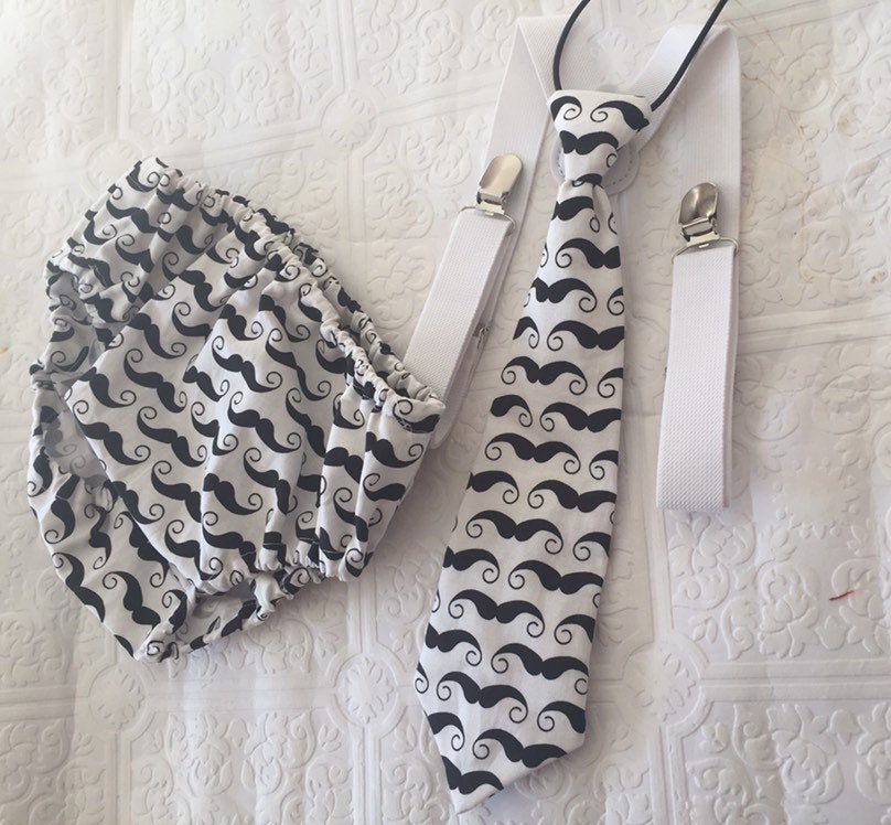 Black & White Moustache 3 Piece Cake Smash Outfit - First Birthday Set Mr Onederful Cake Smash Boy Outfit, Black Diaper Cover, suspenders