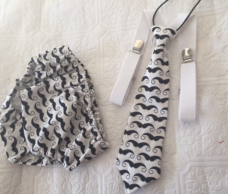 Black & White Moustache 3 Piece Cake Smash Outfit - First Birthday Set Mr Onederful Cake Smash Boy Outfit, Black Diaper Cover, suspenders