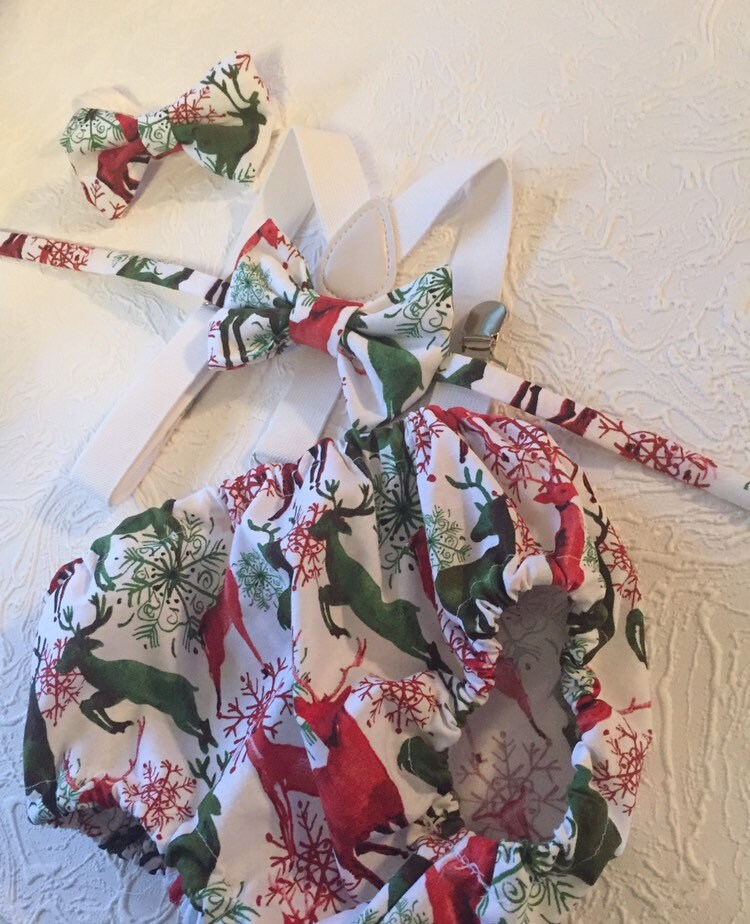 Boys Christmas outfit, baby boys bloomers and suspenders set. Rudolf bow tie and bloomers set, handmade baby boys christmas outfit.