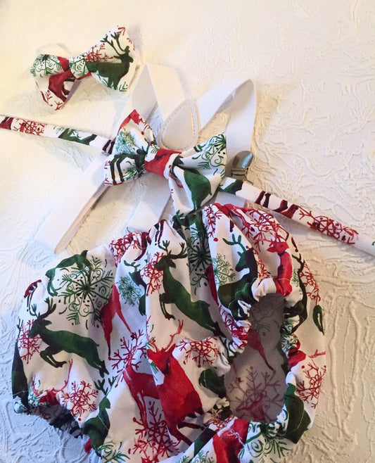 Boys Christmas outfit, baby boys bloomers and suspenders set. Rudolf bow tie and bloomers set, handmade baby boys christmas outfit.