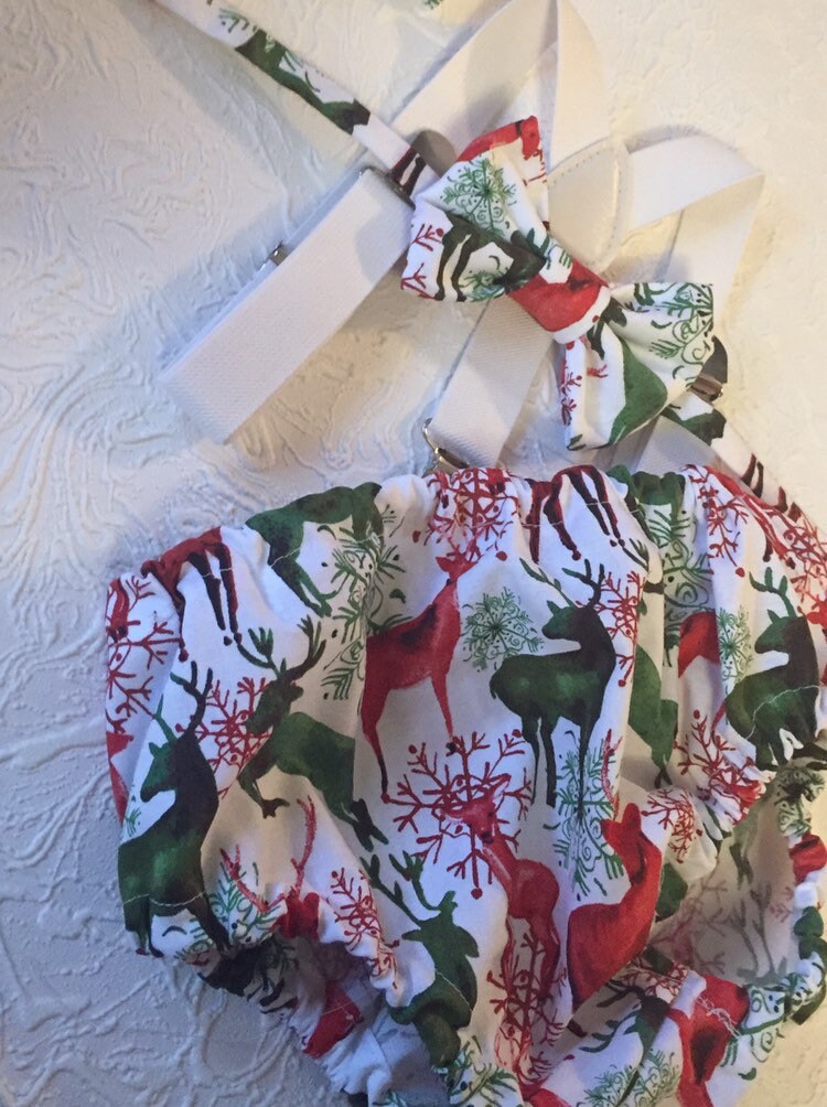Boys Christmas outfit, baby boys bloomers and suspenders set. Rudolf bow tie and bloomers set, handmade baby boys christmas outfit.
