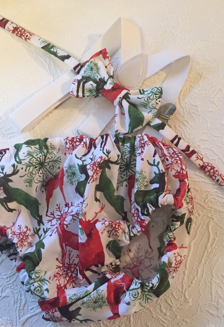Boys Christmas outfit, baby boys bloomers and suspenders set. Rudolf bow tie and bloomers set, handmade baby boys christmas outfit.