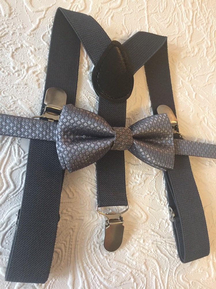 Bow Tie & Suspenders SET / Medium Gray Bow Tie / Medium Gray Suspenders / Kids boy Baby Wedding Page Boy Set from 6 - 5 year old set / grey