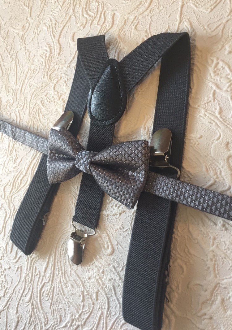 Bow Tie & Suspenders SET / Medium Gray Bow Tie / Medium Gray Suspenders / Kids boy Baby Wedding Page Boy Set from 6 - 5 year old set / grey