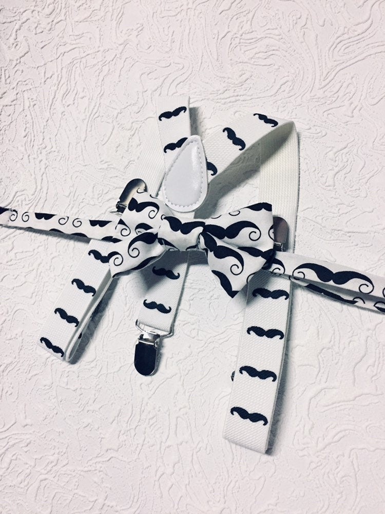 Boys Mustache Bow tie and Suspenders, Baby Moustache Bow tie, Moustache Party, white suspenders, Boys Photo prop, boys birthday outfit