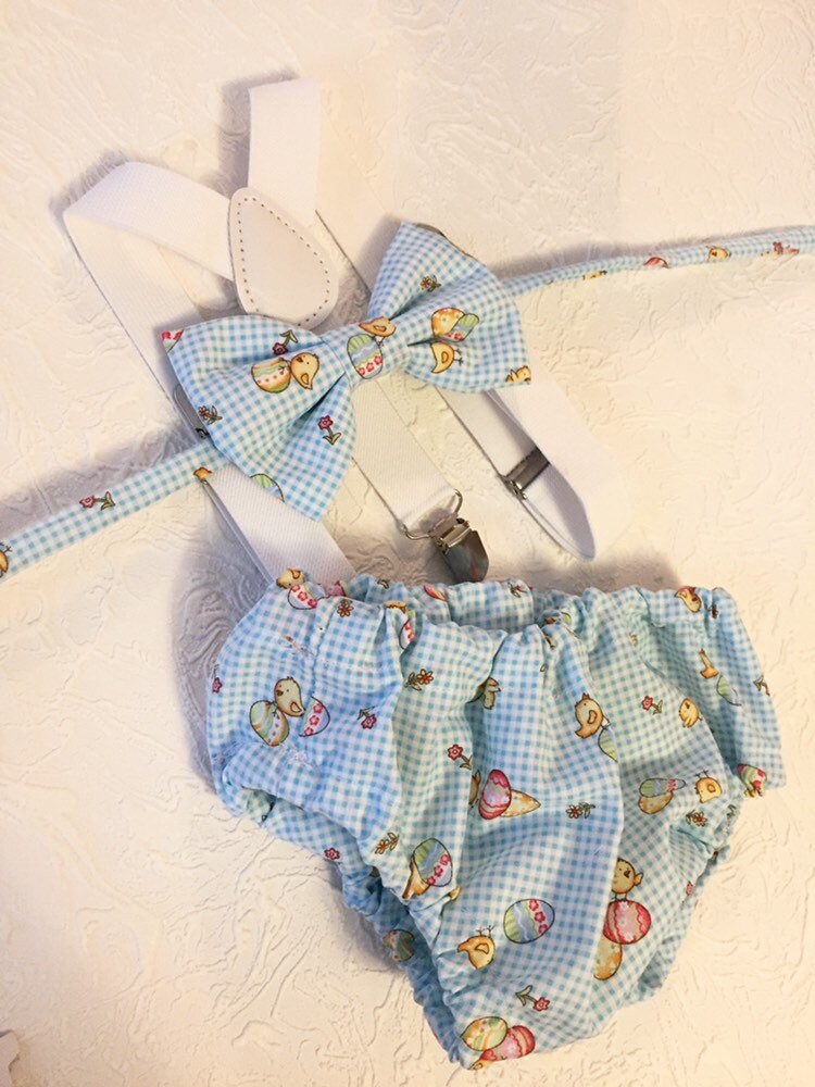 Boys Cake Smash Outfit - Blue Gingham - Vintage easter- Diaper Cover, Bow Tie & suspenders - Boys Birthday Outfit First 1st Birthday - eggs