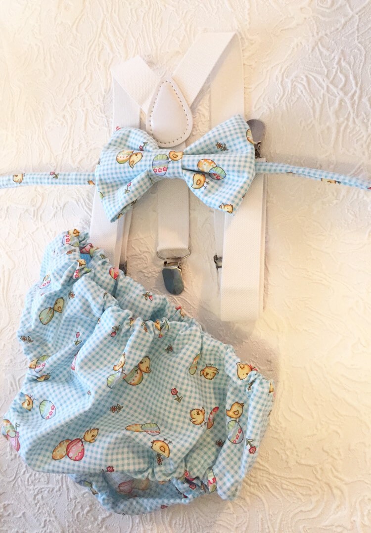 Boys Cake Smash Outfit - Blue Gingham - Vintage easter- Diaper Cover, Bow Tie & suspenders - Boys Birthday Outfit First 1st Birthday - eggs