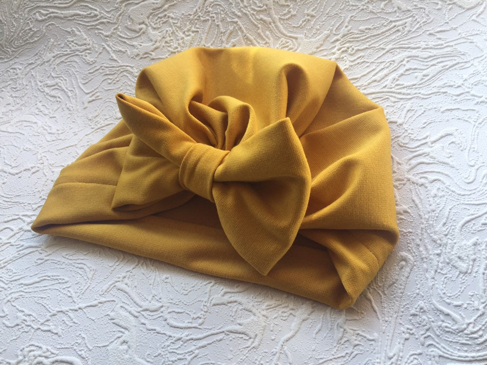 Turban Hat, Baby Girl Hat, Newborn Hats, Mustard Yellow, Autumn Hat, Toddler Hat, Baby Shower Hift, Turban Bow, Hair Bow, Baby Bows