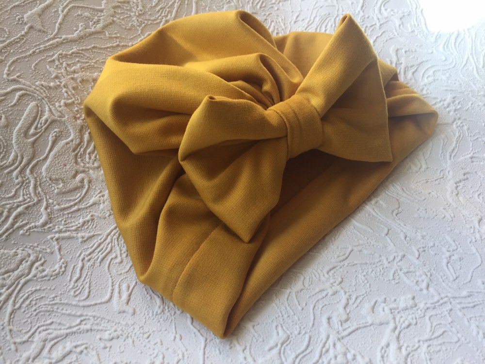 Turban Hat, Baby Girl Hat, Newborn Hats, Mustard Yellow, Autumn Hat, Toddler Hat, Baby Shower Hift, Turban Bow, Hair Bow, Baby Bows