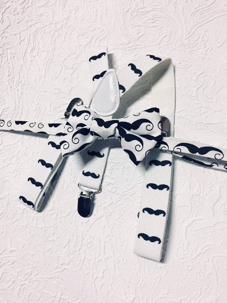Boys Mustache Bow tie and Suspenders, Baby Moustache Bow tie, Moustache Party, white suspenders, Boys Photo prop, boys birthday outfit