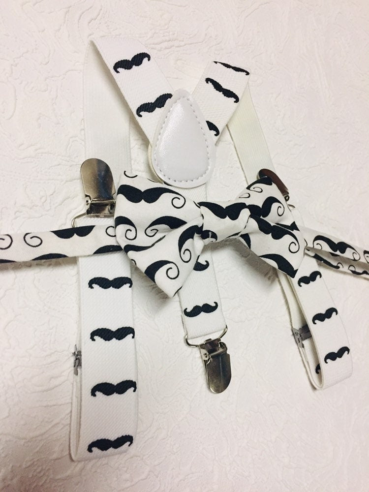 Boys Mustache Bow tie and Suspenders, Baby Moustache Bow tie, Moustache Party, white suspenders, Boys Photo prop, boys birthday outfit