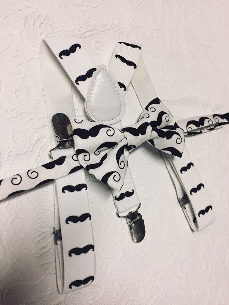 Boys Mustache Bow tie and Suspenders, Baby Moustache Bow tie, Moustache Party, white suspenders, Boys Photo prop, boys birthday outfit