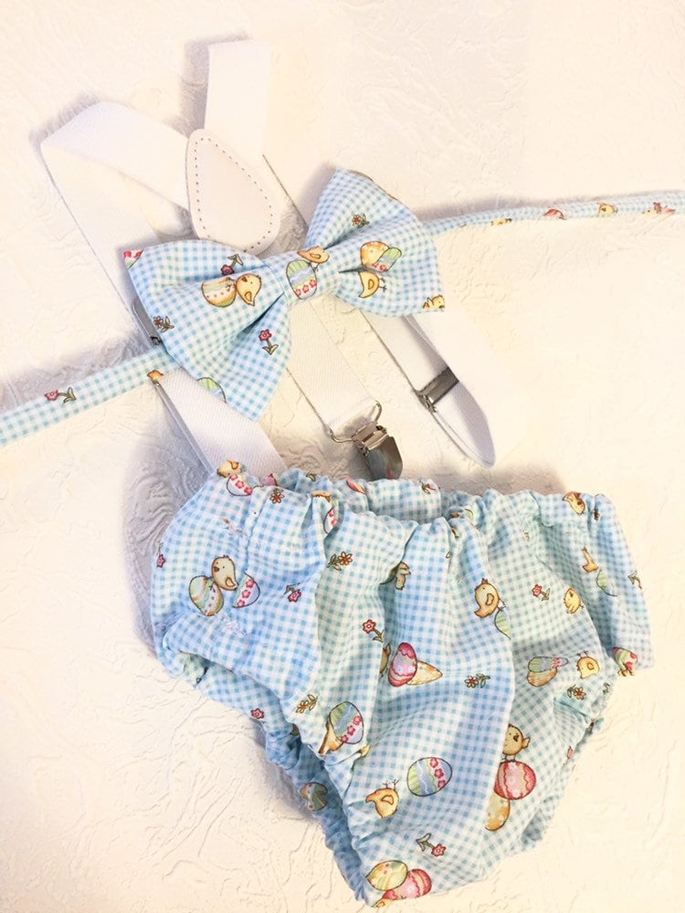 Boys Cake Smash Outfit - Blue Gingham - Vintage easter- Diaper Cover, Bow Tie & suspenders - Boys Birthday Outfit First 1st Birthday - eggs