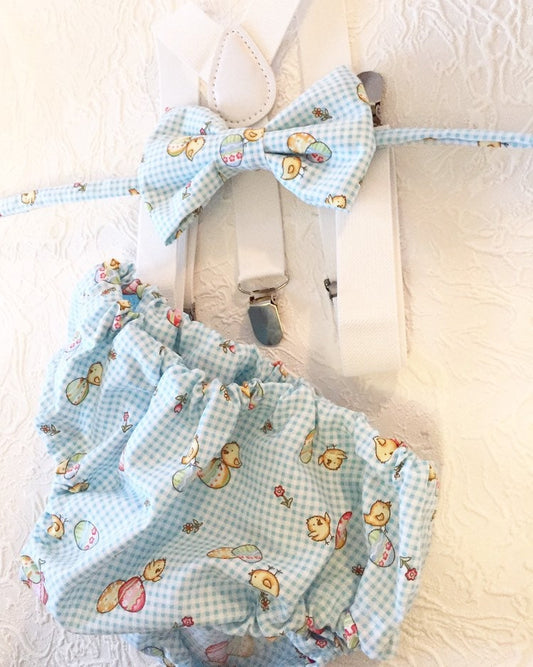 Boys Cake Smash Outfit - Blue Gingham - Vintage easter- Diaper Cover, Bow Tie & suspenders - Boys Birthday Outfit First 1st Birthday - eggs