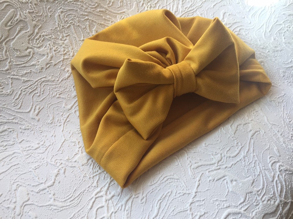 Turban Hat, Baby Girl Hat, Newborn Hats, Mustard Yellow, Autumn Hat, Toddler Hat, Baby Shower Hift, Turban Bow, Hair Bow, Baby Bows