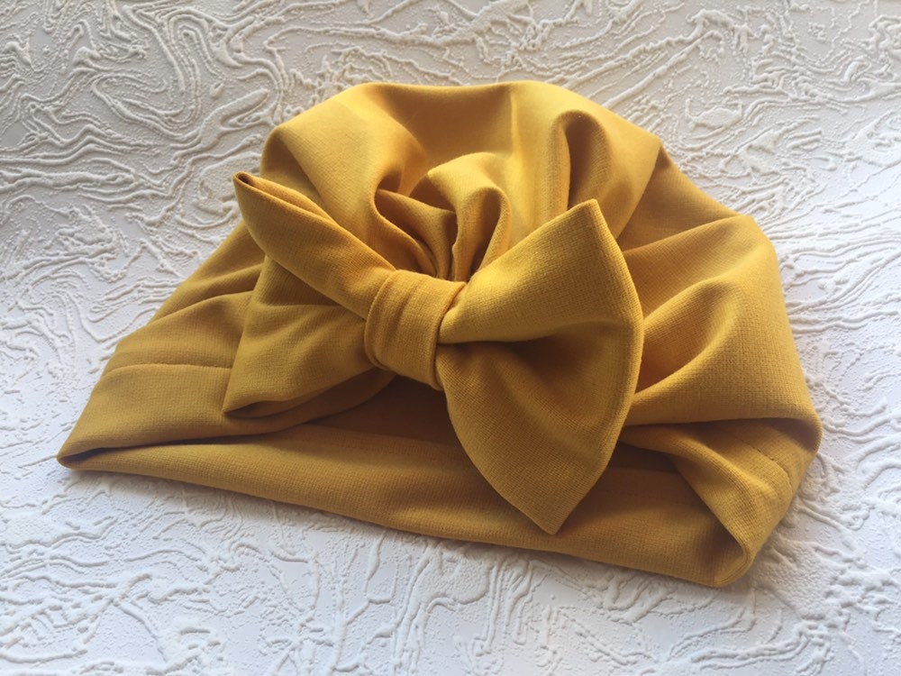 Turban Hat, Baby Girl Hat, Newborn Hats, Mustard Yellow, Autumn Hat, Toddler Hat, Baby Shower Hift, Turban Bow, Hair Bow, Baby Bows