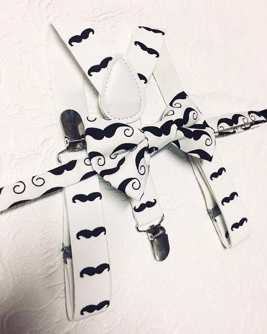 Boys Mustache Bow tie and Suspenders, Baby Moustache Bow tie, Moustache Party, white suspenders, Boys Photo prop, boys birthday outfit