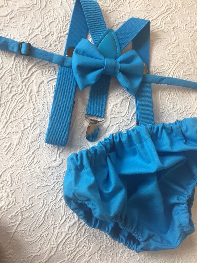 Cake Smash Boy Outfit, Blue Diaper Cover, Bow tie and Suspender, 1st Birthday Boy, Bowtie baby outfit, Bowtie birthday outfit