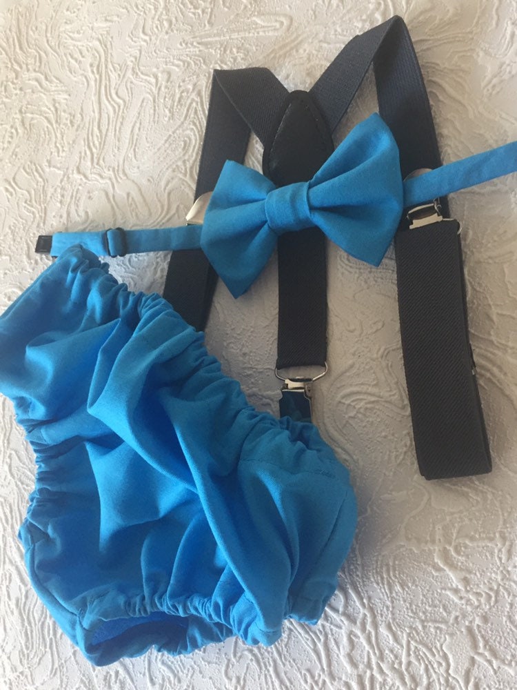 Cake Smash Outfit Gray Blue --Baby Blue Bow Tie & Blue Diaper Cover with Gray Suspenders -- cake smash outfit -- grey cake smash -- bow tie