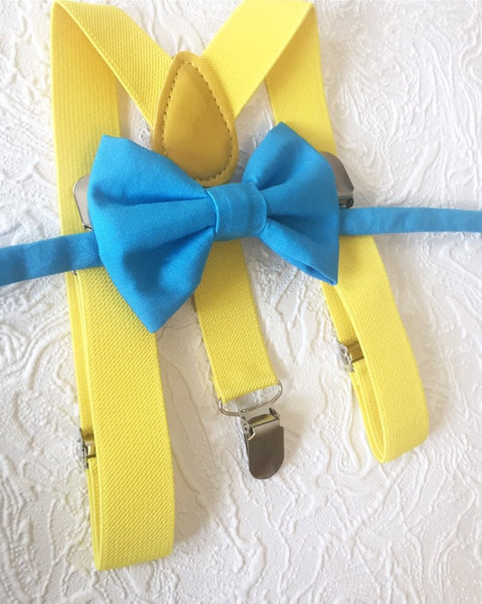 Easter bow tie and suspenders set,Soft blue bow tie and yellow suspender set for Baby,Toddler and Boys