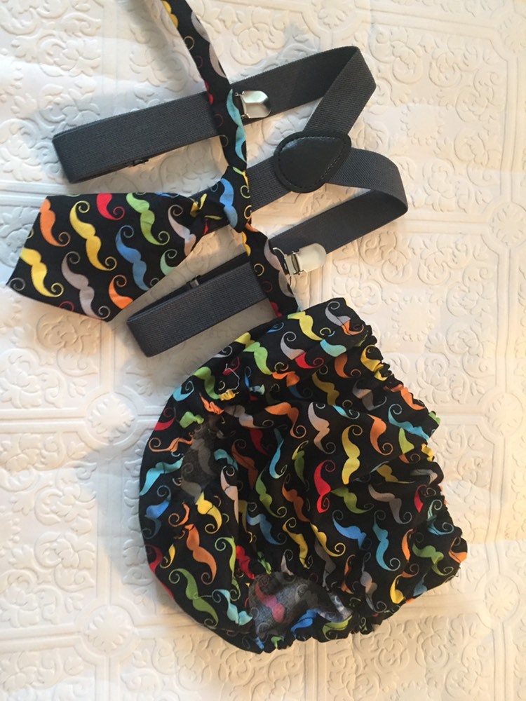 Diaper Cover and Tie Set Birthday Cake Smash Newborn Photo Prop Baby Boy Little Man Colorful Mustaches Black Yellow Orange Green Red Blue