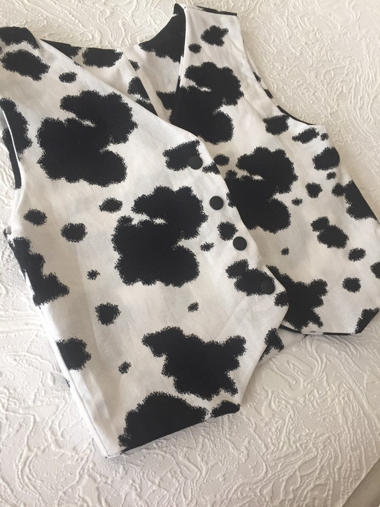 Cute Cowgirl or Cowboy lined Vest in Black and White Cow Print Infant Toddler and Girl's/Boy's Cow Print Vest Toddler Cow Print Vest