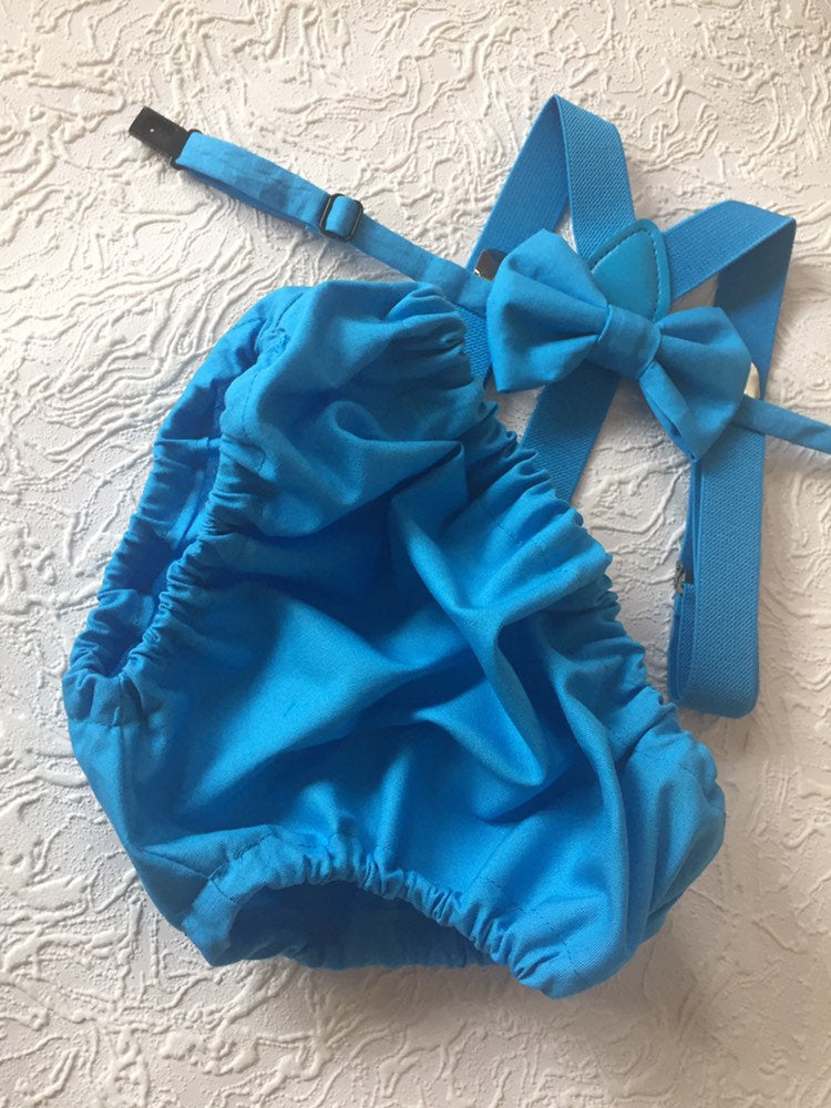 Cake Smash Boy Outfit, Blue Diaper Cover, Bow tie and Suspender, 1st Birthday Boy, Bowtie baby outfit, Bowtie birthday outfit