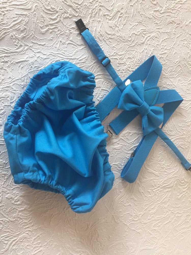 Cake Smash Boy Outfit, Blue Diaper Cover, Bow tie and Suspender, 1st Birthday Boy, Bowtie baby outfit, Bowtie birthday outfit