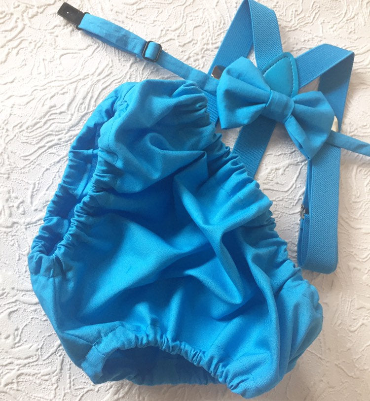 Cake Smash Boy Outfit, Blue Diaper Cover, Bow tie and Suspender, 1st Birthday Boy, Bowtie baby outfit, Bowtie birthday outfit