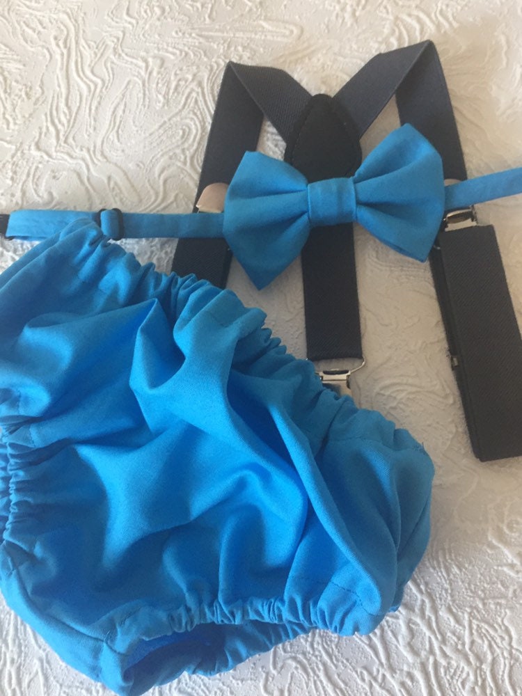 Cake Smash Outfit Gray Blue --Baby Blue Bow Tie & Blue Diaper Cover with Gray Suspenders -- cake smash outfit -- grey cake smash -- bow tie