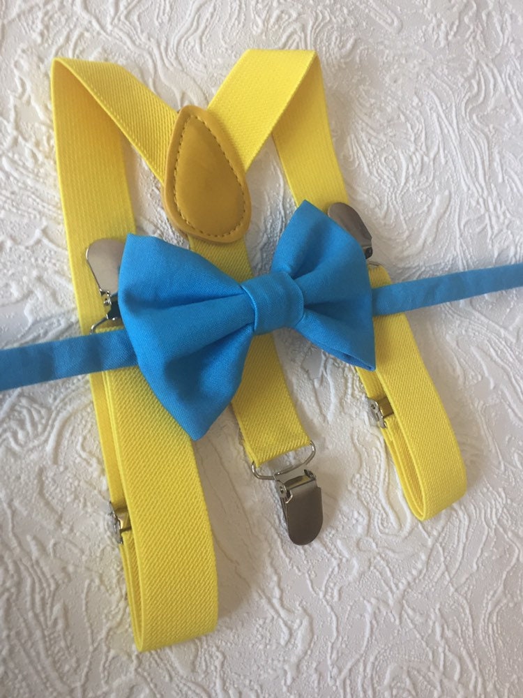 Easter bow tie and suspenders set,Soft blue bow tie and yellow suspender set for Baby,Toddler and Boys