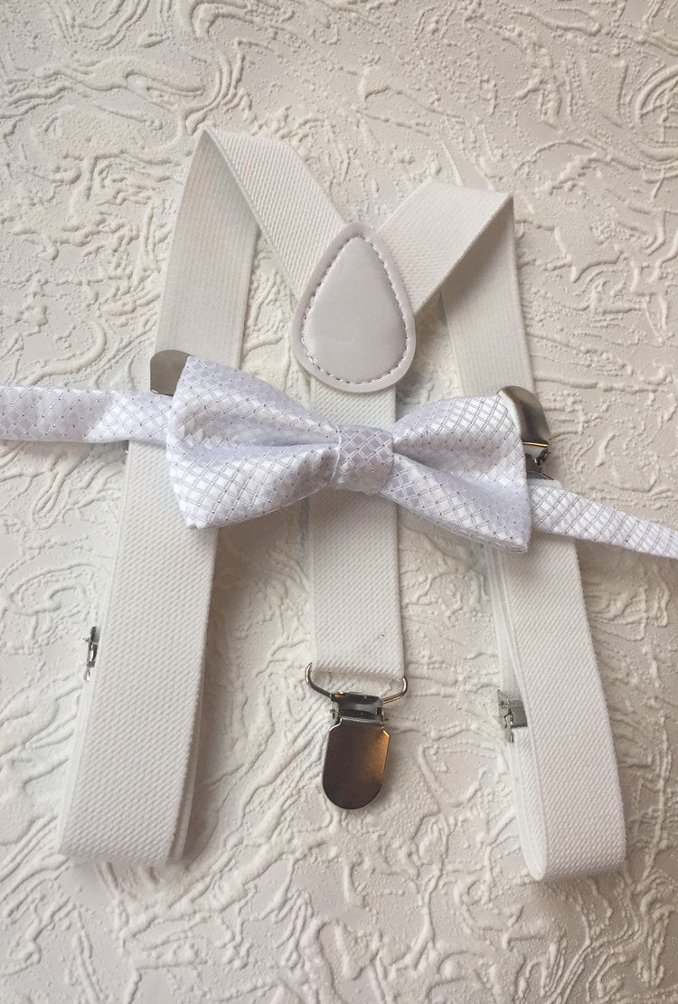 Christening Outfit for Boys -- Baptism Outfits for Boys -- White Bow Tie & White Suspenders