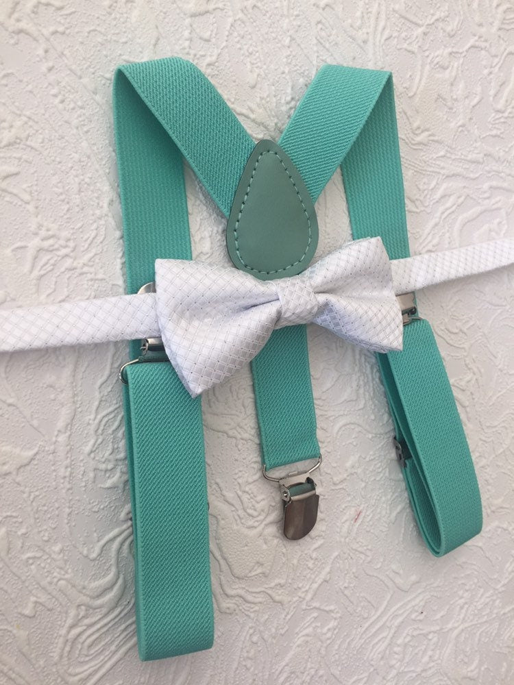 Mint Bowtie and Suspenders Set-boys bow tie-white Boys Bowtie-Newborn Clothing-Toddler Necktie-Groomsmen Accessories-Ring Bearer outfit kids