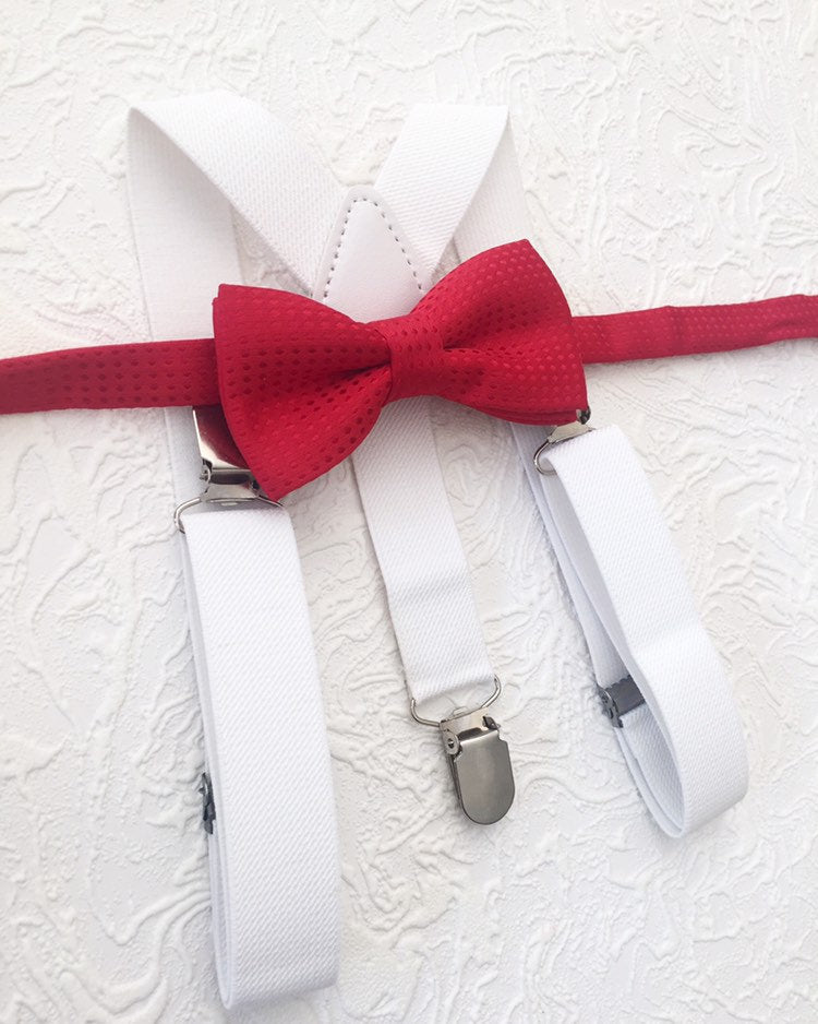 Bow Tie and Suspender Set, white Suspenders, boy Suspenders, baby Suspender Bow Tie, David's Bridal Apple Red suspenders, Apple Red bow tie