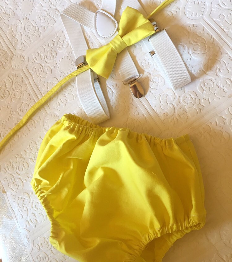 Cake Smash Outfit, Baby Photo Prop, Diaper Cover Set, First Birthday Outfit, Yellow Seersucker Diaper Cover Suspenders Bow Tie, Suspenders