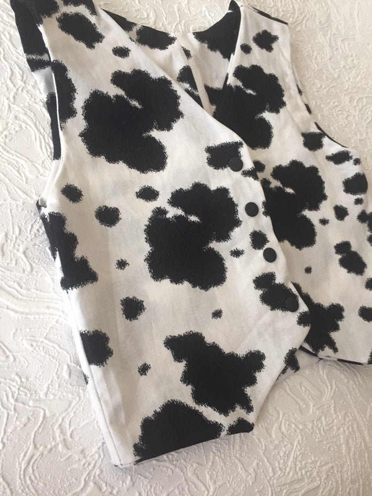 Cute Cowgirl or Cowboy lined Vest in Black and White Cow Print Infant Toddler and Girl's/Boy's Cow Print Vest Toddler Cow Print Vest