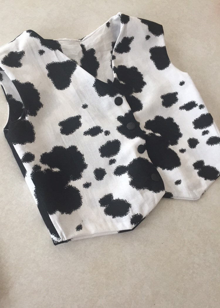 Cute Cowgirl or Cowboy lined Vest in Black and White Cow Print Infant Toddler and Girl's/Boy's Cow Print Vest Toddler Cow Print Vest