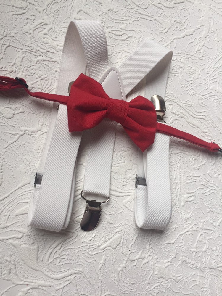 Bow Tie and Suspender Set, white Suspenders, boy Suspenders, baby Suspender Bow Tie, David's Bridal Apple Red suspenders, Apple Red bow tie