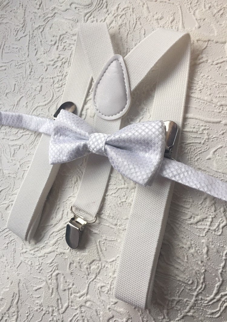 Christening Outfit for Boys -- Baptism Outfits for Boys -- White Bow Tie & White Suspenders