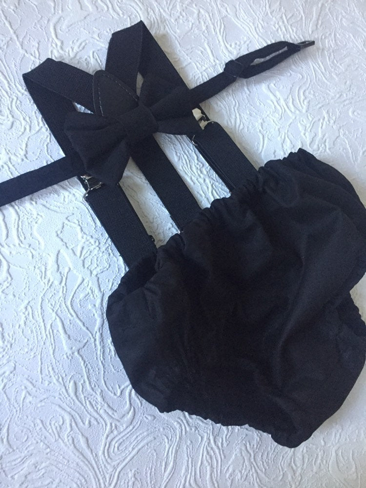 Cake Smash Boy First Birthday super soft black cotton Diaper Cover,black Suspenders,black bow tie, Birthday Photoshoot