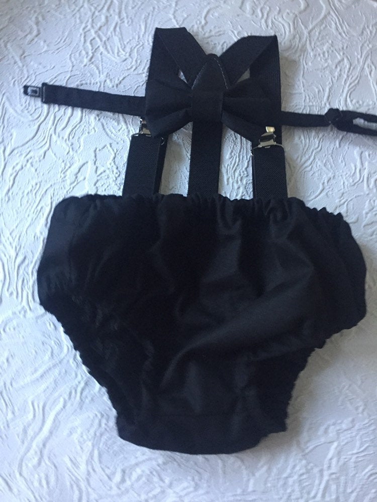 Cake Smash Boy First Birthday super soft black cotton Diaper Cover,black Suspenders,black bow tie, Birthday Photoshoot