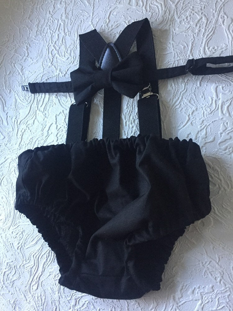 Cake Smash Boy First Birthday super soft black cotton Diaper Cover,black Suspenders,black bow tie, Birthday Photoshoot