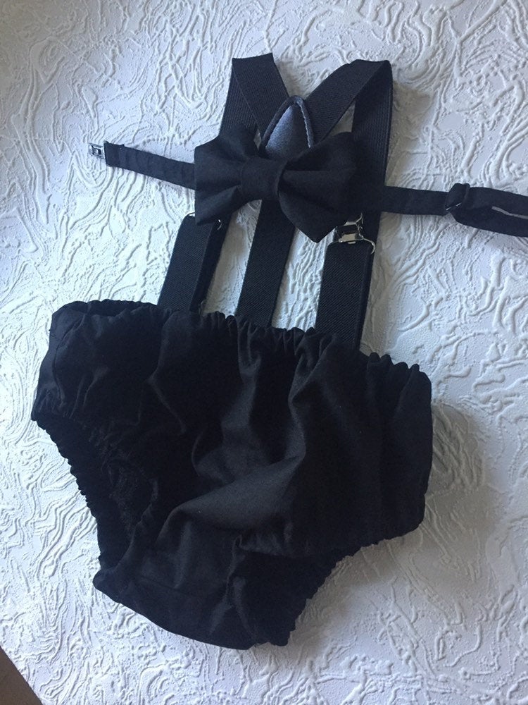 Cake Smash Boy First Birthday super soft black cotton Diaper Cover,black Suspenders,black bow tie, Birthday Photoshoot