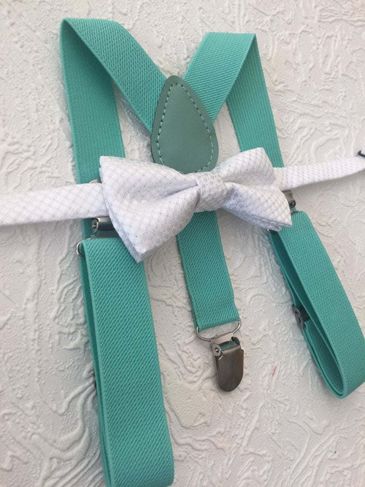 Mint Bowtie and Suspenders Set-boys bow tie-white Boys Bowtie-Newborn Clothing-Toddler Necktie-Groomsmen Accessories-Ring Bearer outfit kids